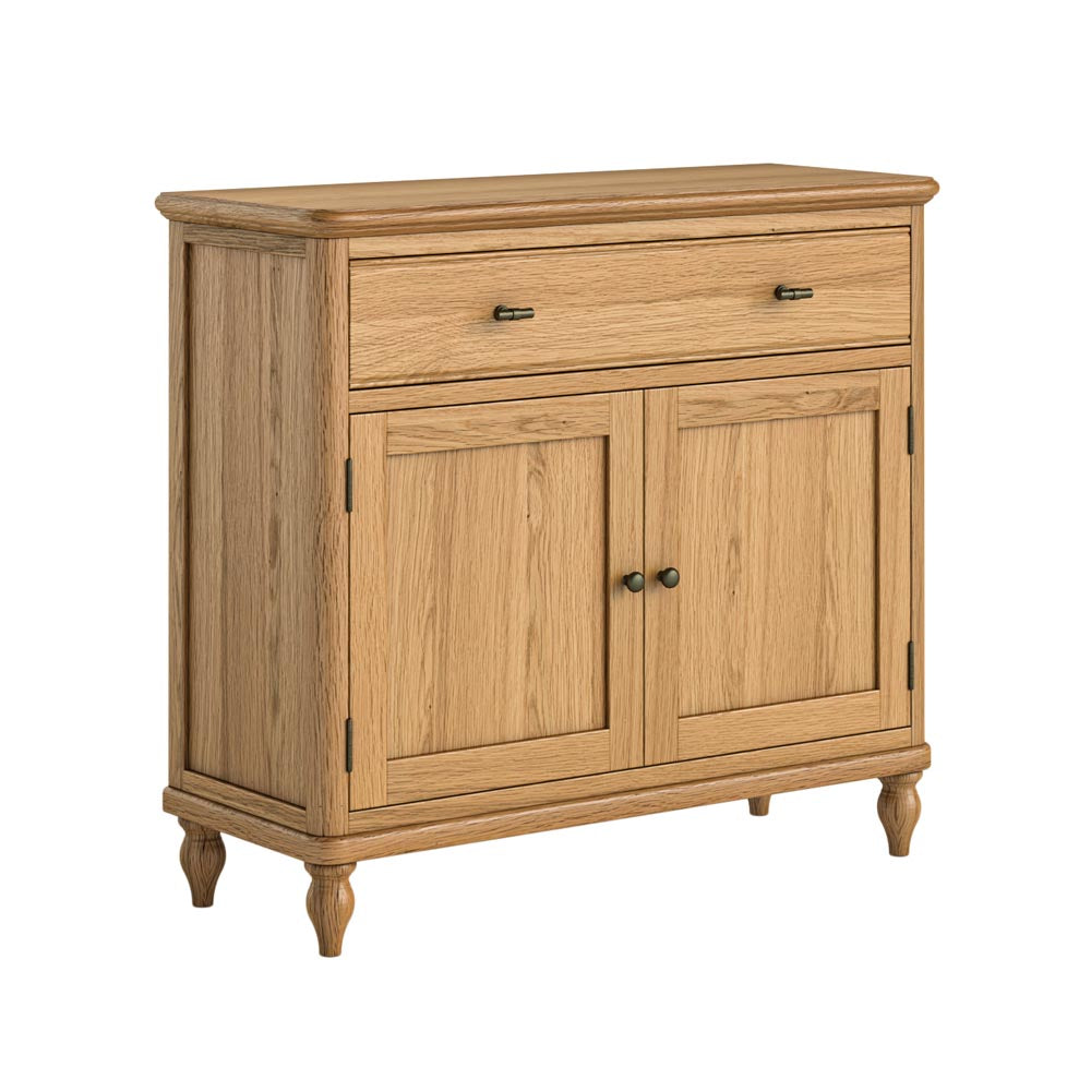 Wooden sideboard with two doors and a drawer on a white background