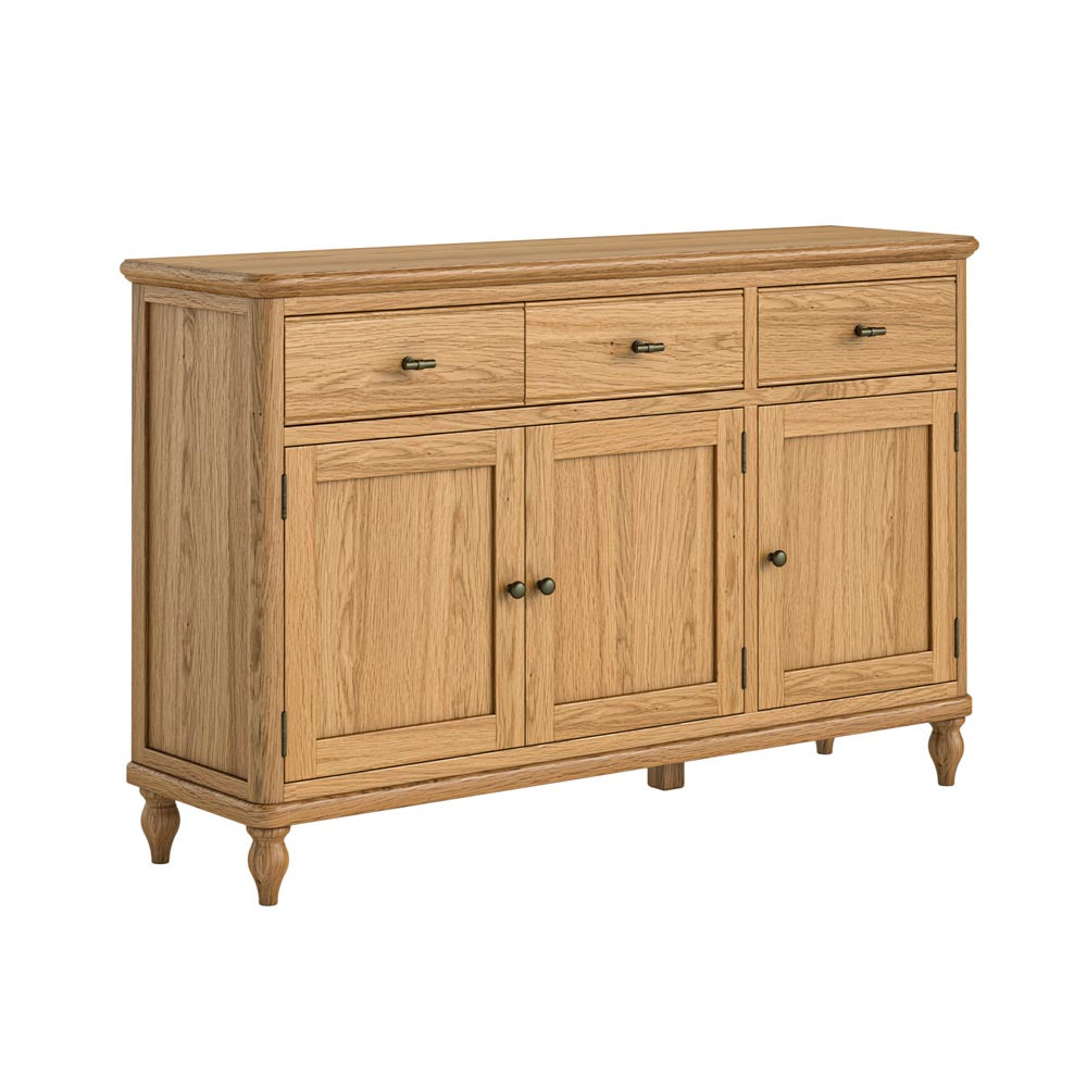Wooden sideboard with three drawers and three doors on a white background