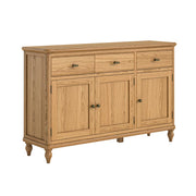 Wooden sideboard with three drawers and three doors on a white background