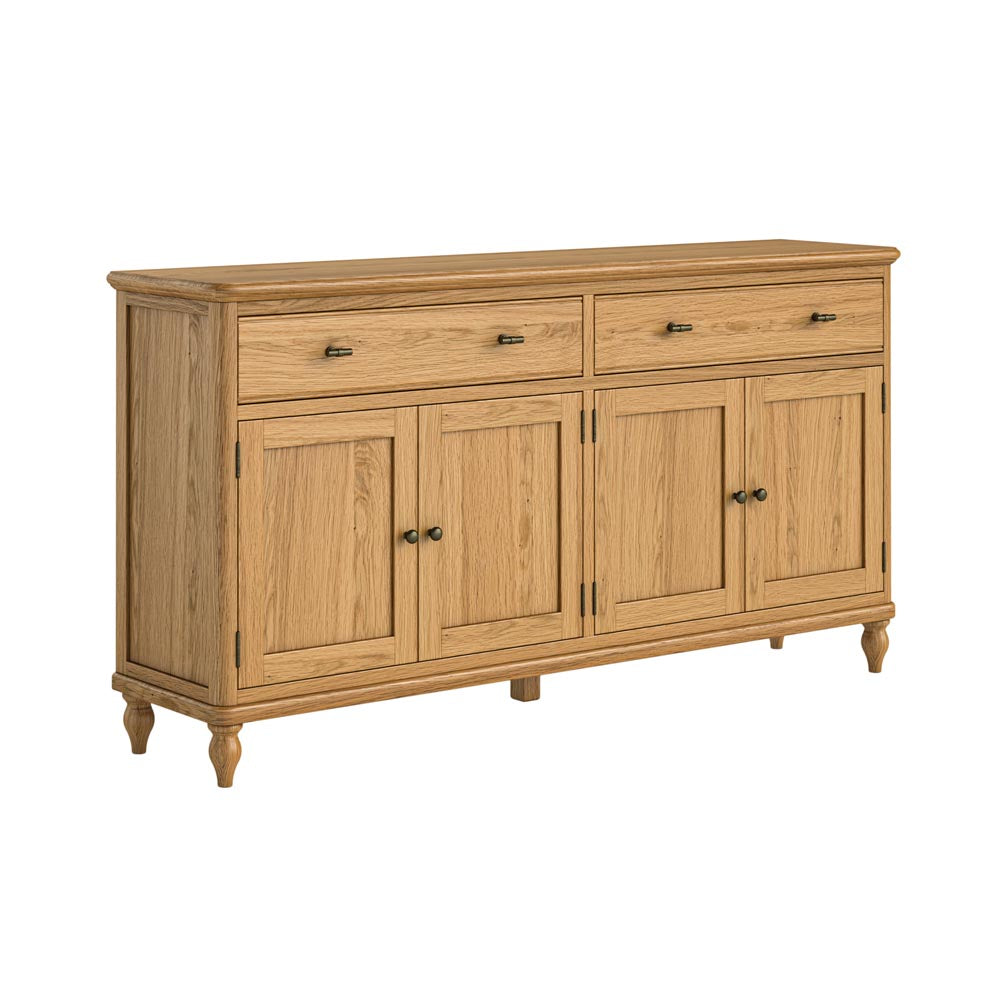 Wooden sideboard with four doors and two drawers on a white background