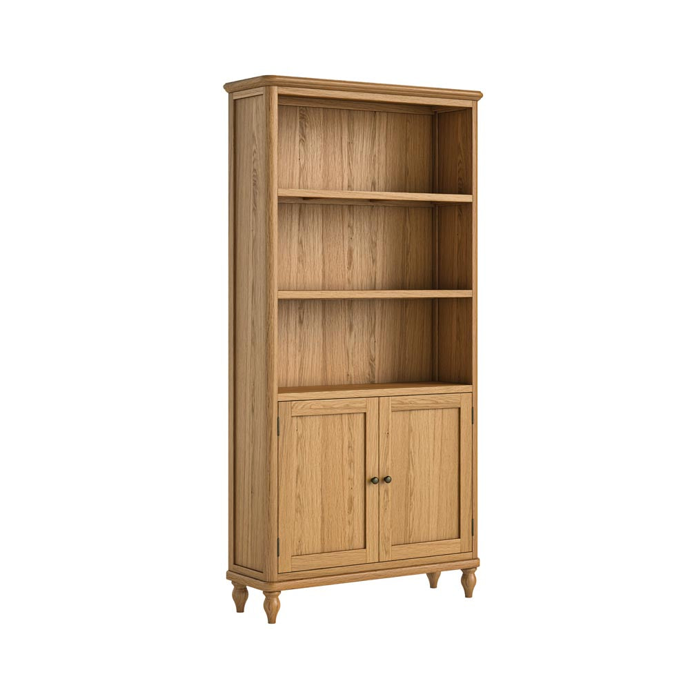 Wooden bookshelf with two doors on a white background