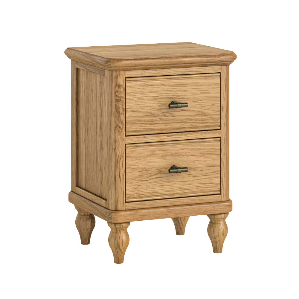 slim wooden nightstand / bedside locker with two drawers on a white background