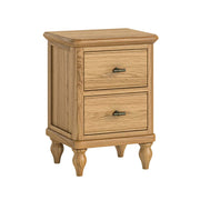 slim wooden nightstand / bedside locker with two drawers on a white background