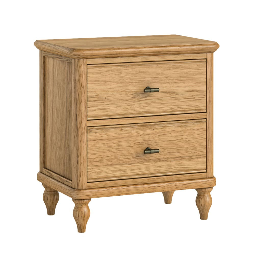 slightly wider than average nightstand / bedside table with two drawers on a white background