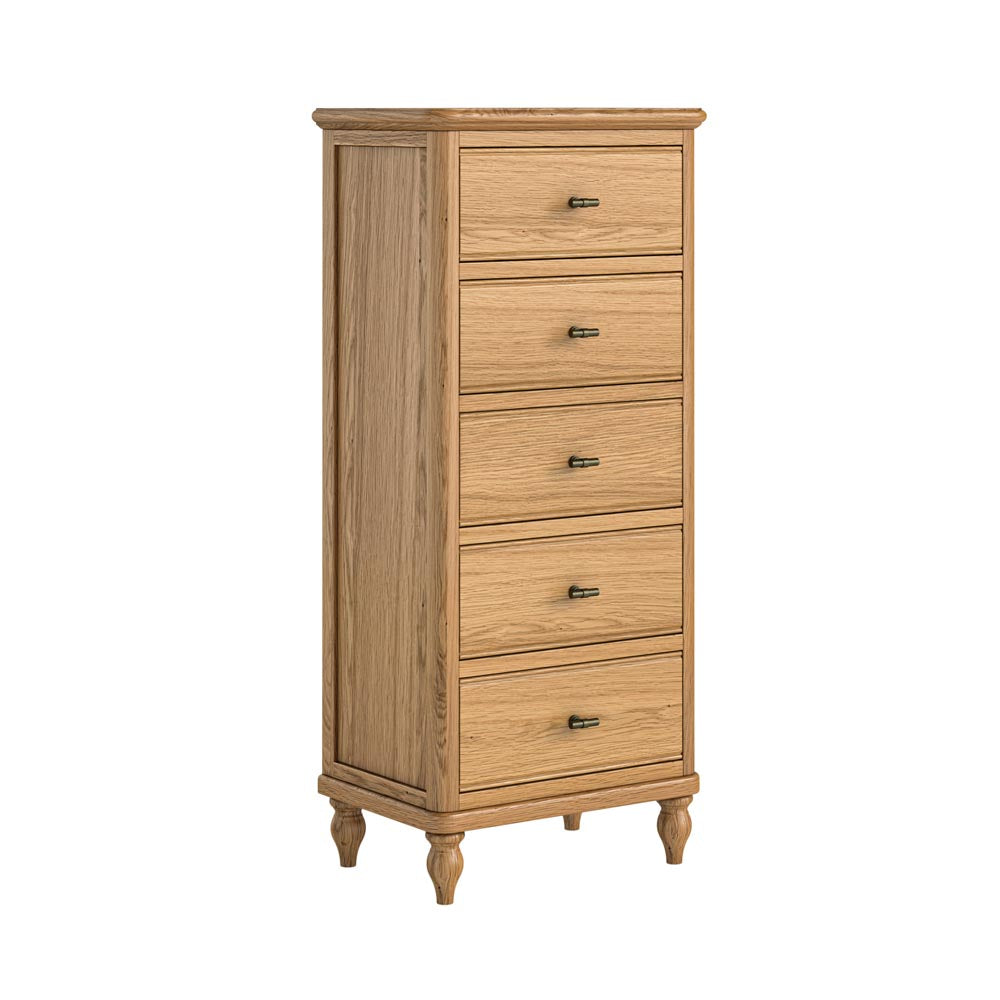 Wooden dresser with 5 drawers on a white background