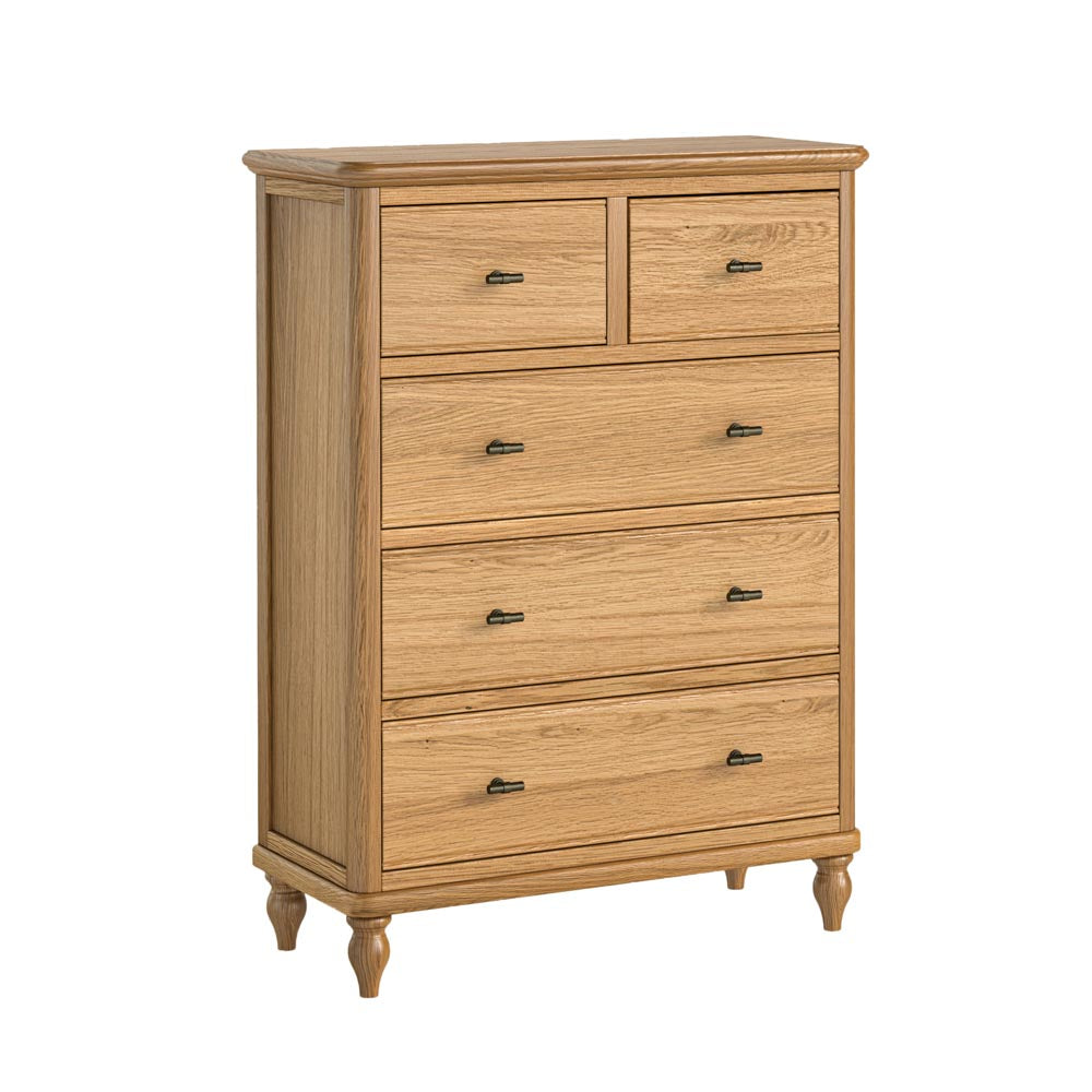 Wooden dresser with five drawers (2 over 3) on a white background
