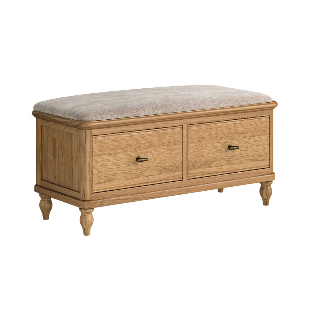Wooden bench with two drawers and an oatmeal cushion on a white background