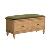 Wooden bench with an olive green cushion on a white background