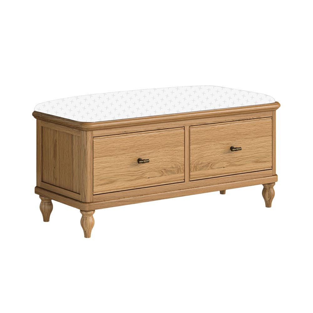 Wooden storage bench with no cushion on a white background