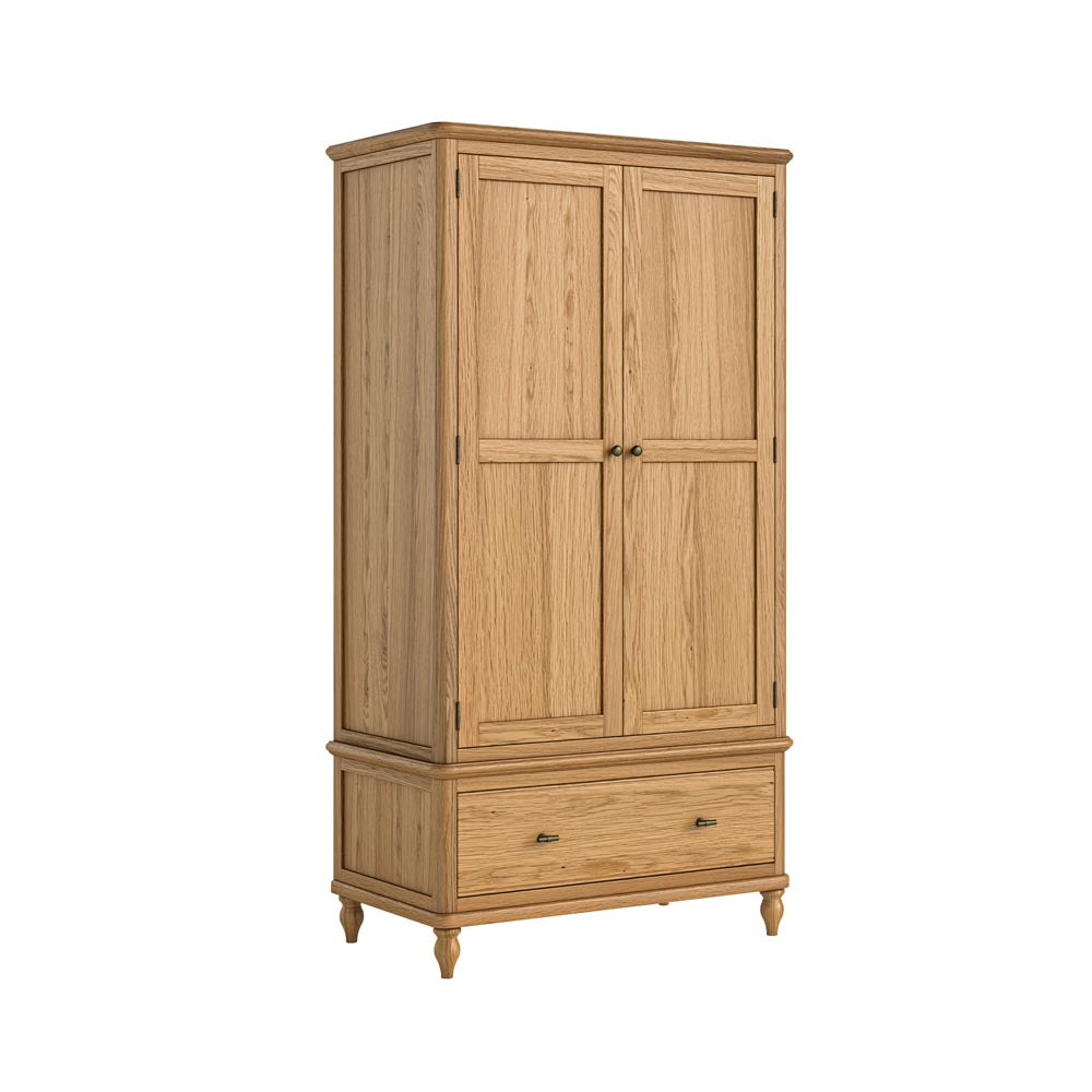 Wooden wardrobe with two doors and a drawer on a white background