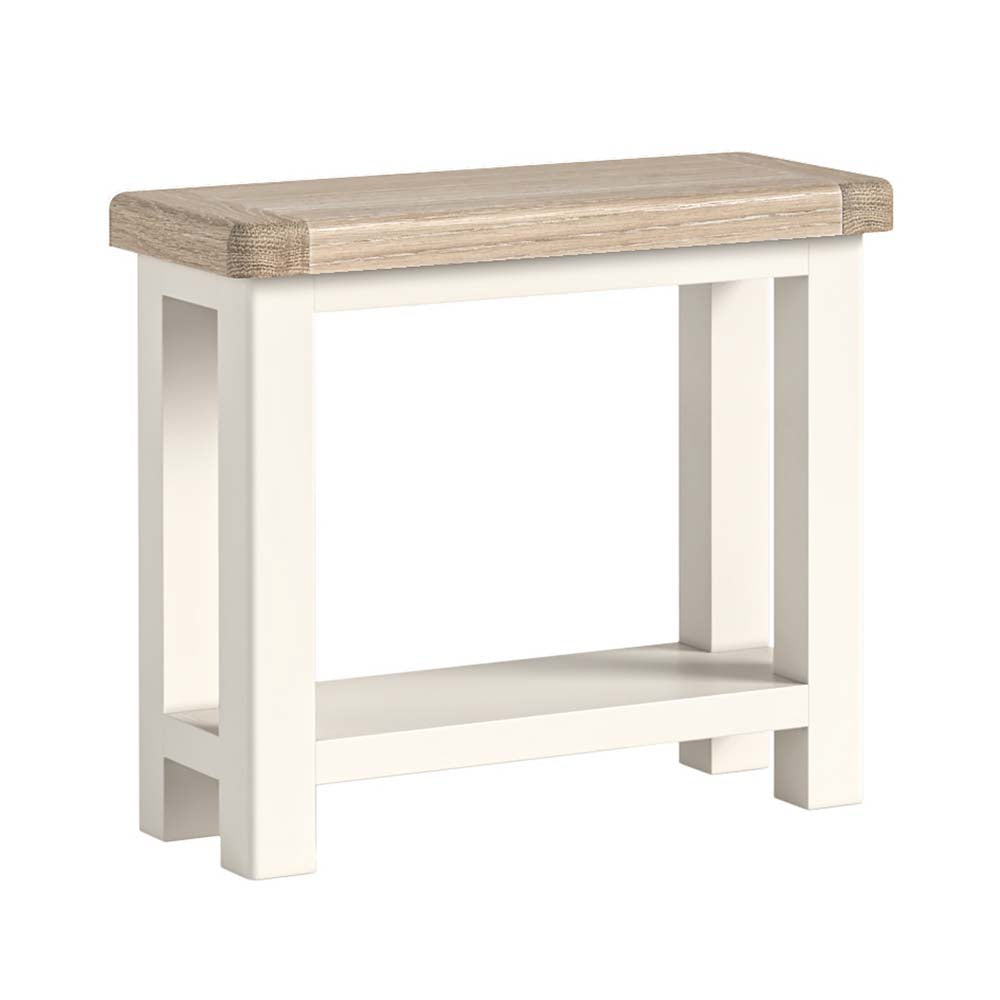 Small wooden table with a light oak top and white base on a white background