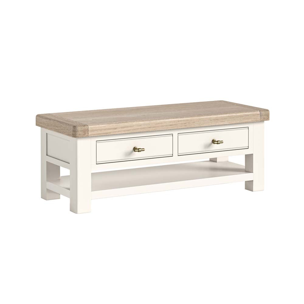 Wooden coffee table with two drawers on a white background