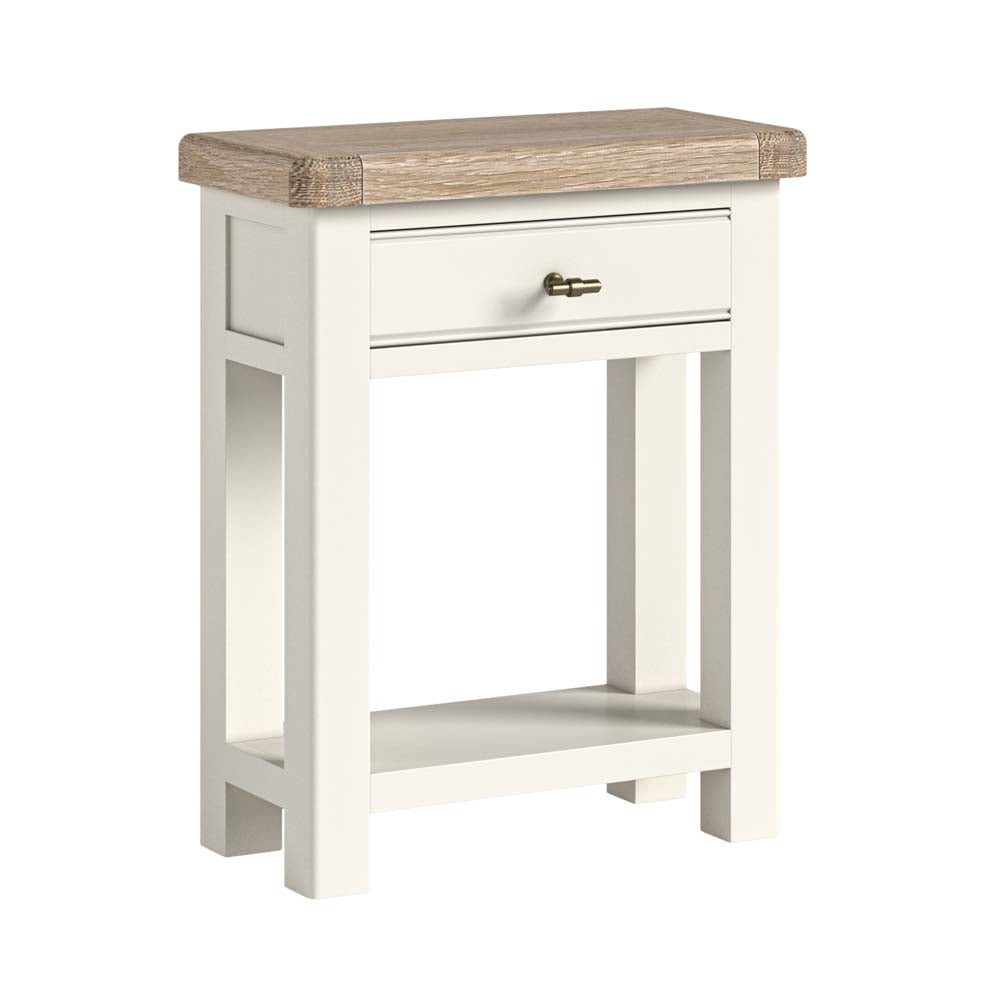 White side table with wooden top on a white background