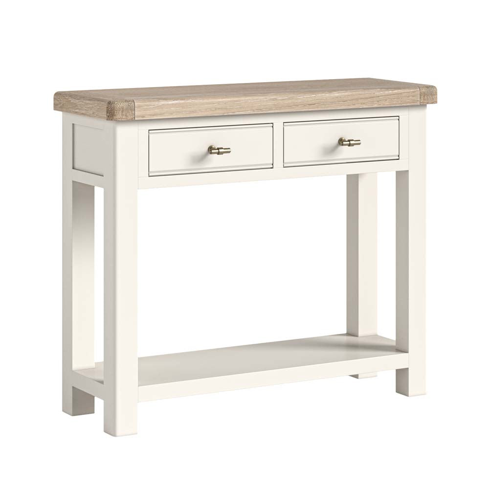 Console table with wooden top and white base on a white background