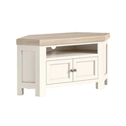 Corner TV stand with wooden top and white base on a white background