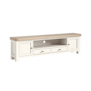 White TV stand with wooden top on a white background