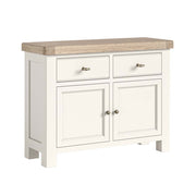 White sideboard with wooden top on a white background