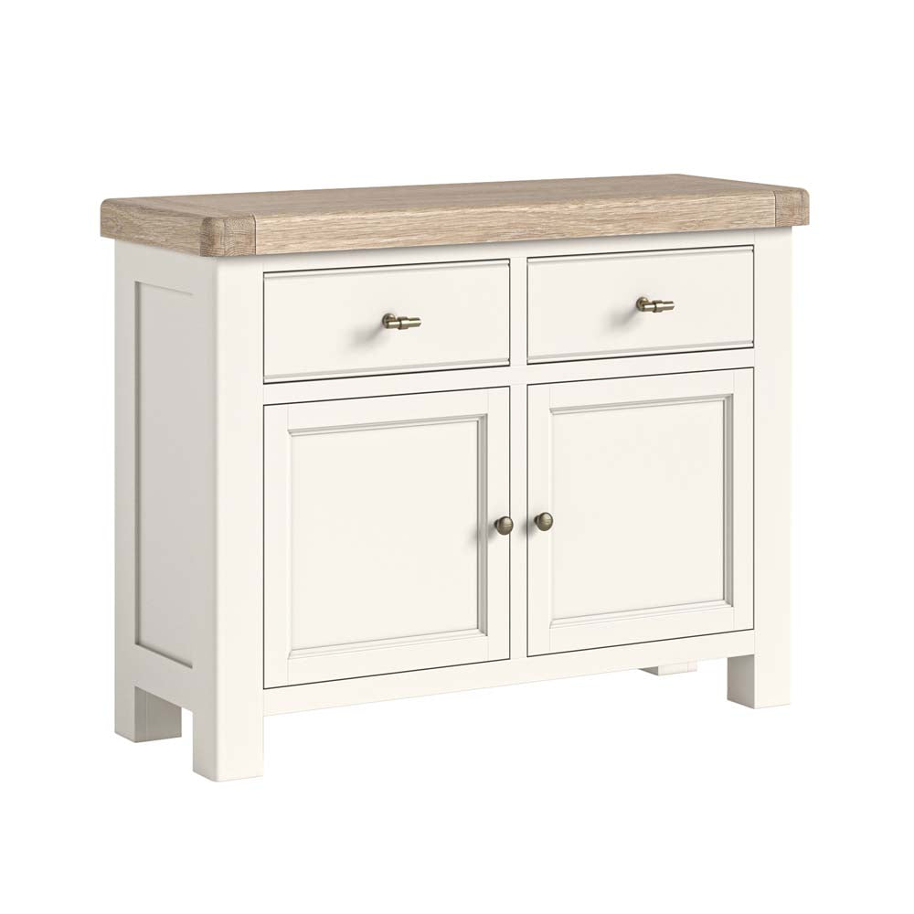 White sideboard with wooden top on a white background