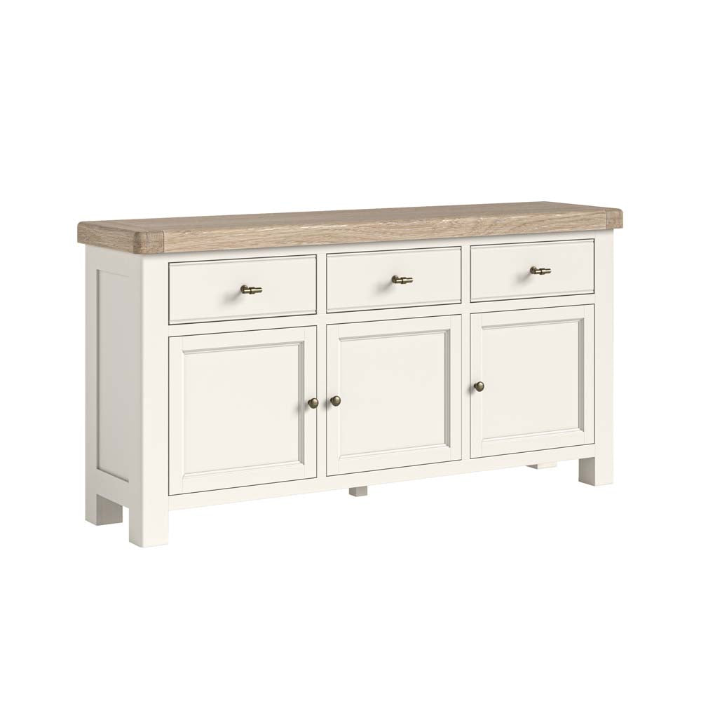 Large sideboard with an oak top and coconut white painted frame on a white background