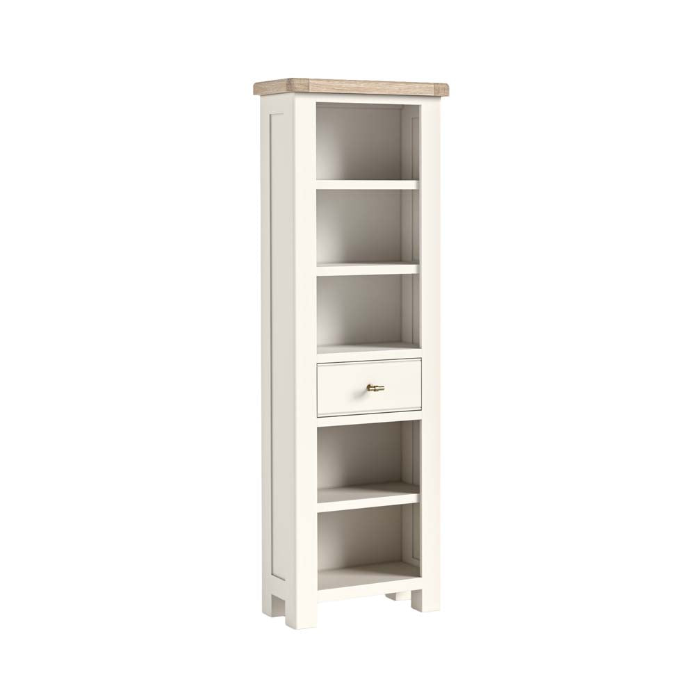 White bookshelf with a wooden top on a white background