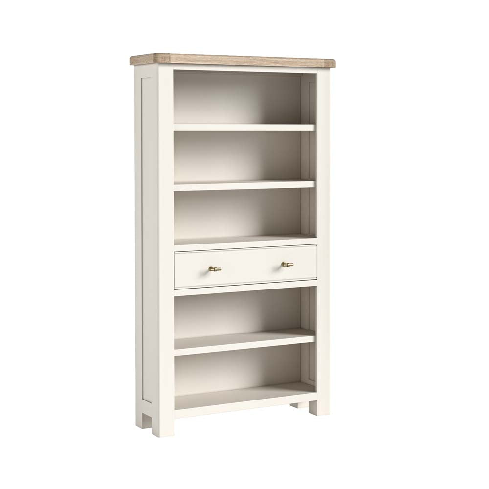 White bookshelf with a single drawer on a white background