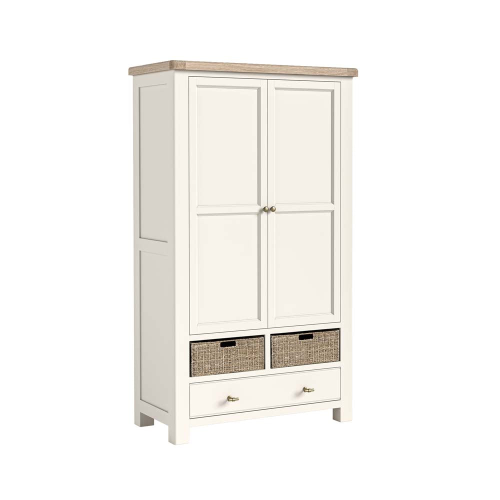 White freestanding kitchen larder with two doors and a drawer with woven baskets on a white background