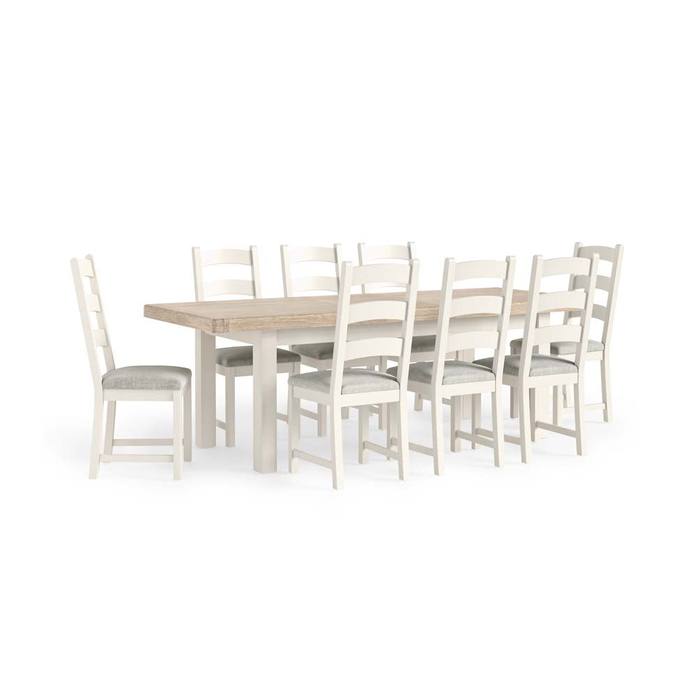 Dining table set with six chairs on a white background