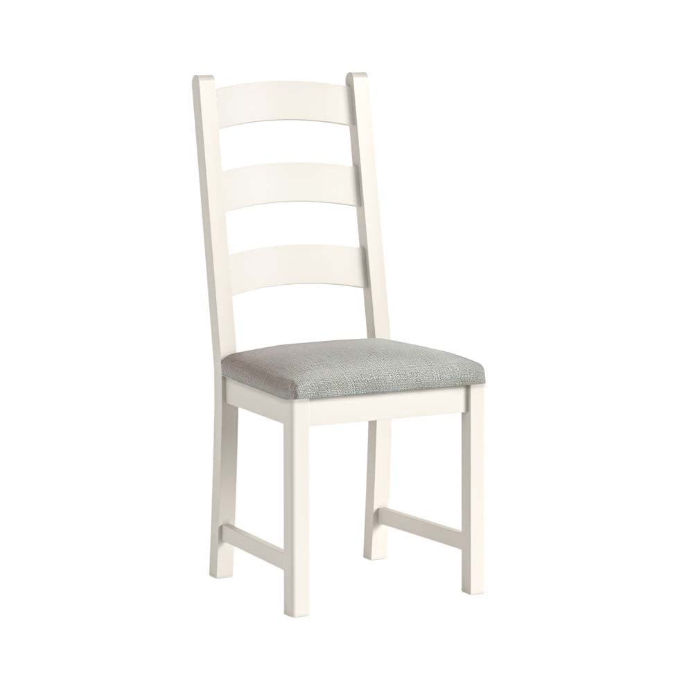 White chair with a gray cushion on a white background