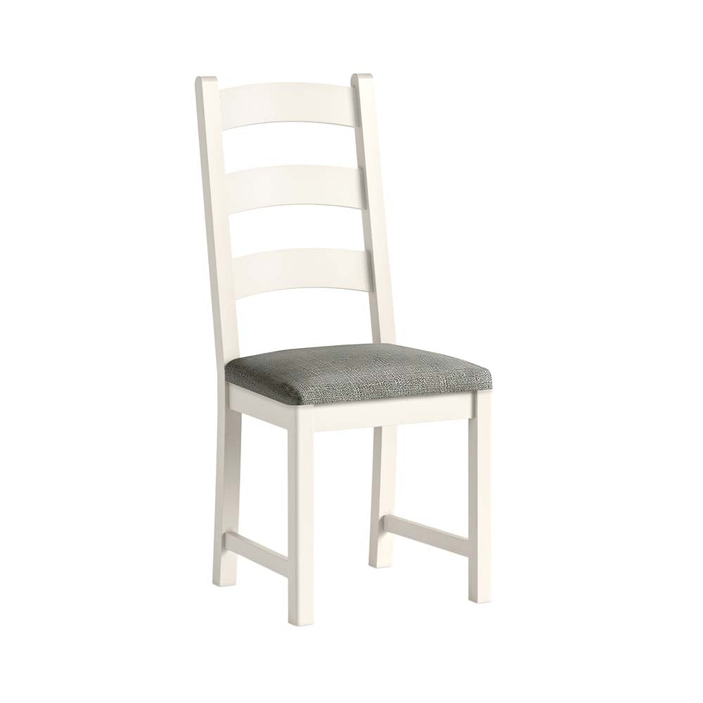 White chair with a gray cushion on a white background