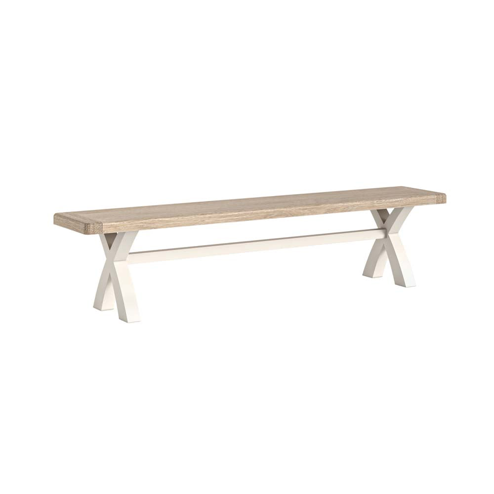 Wooden dining bench with oak seat and white legs on a white background