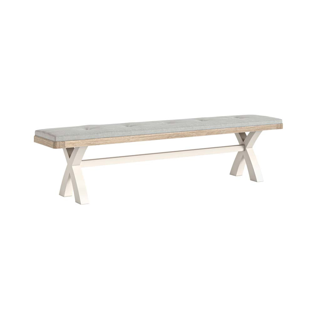 Long wooden dining bench with white legs on a white background