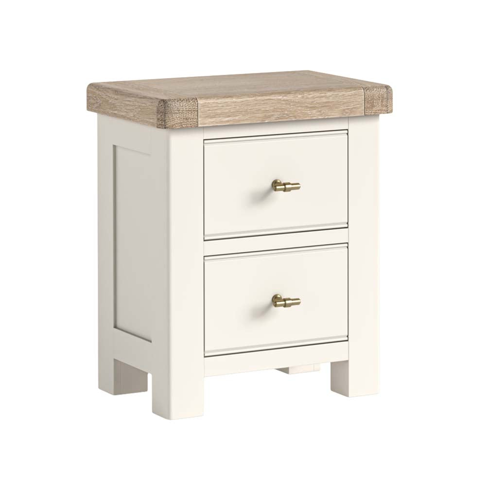 White nightstand with two drawers and a wooden top on a white background