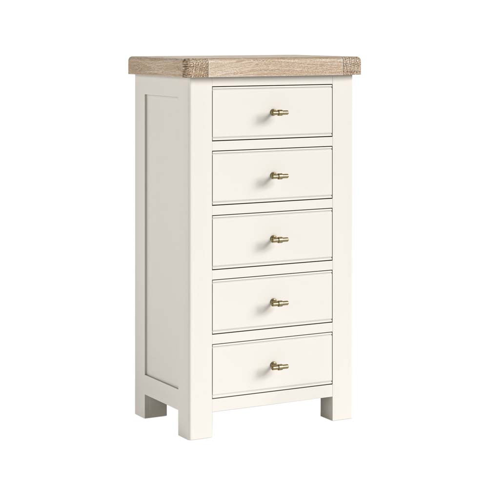 White dresser with five drawers and a wooden top on a white background