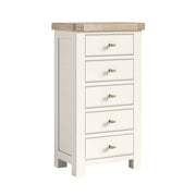 White dresser with five drawers and a wooden top on a white background