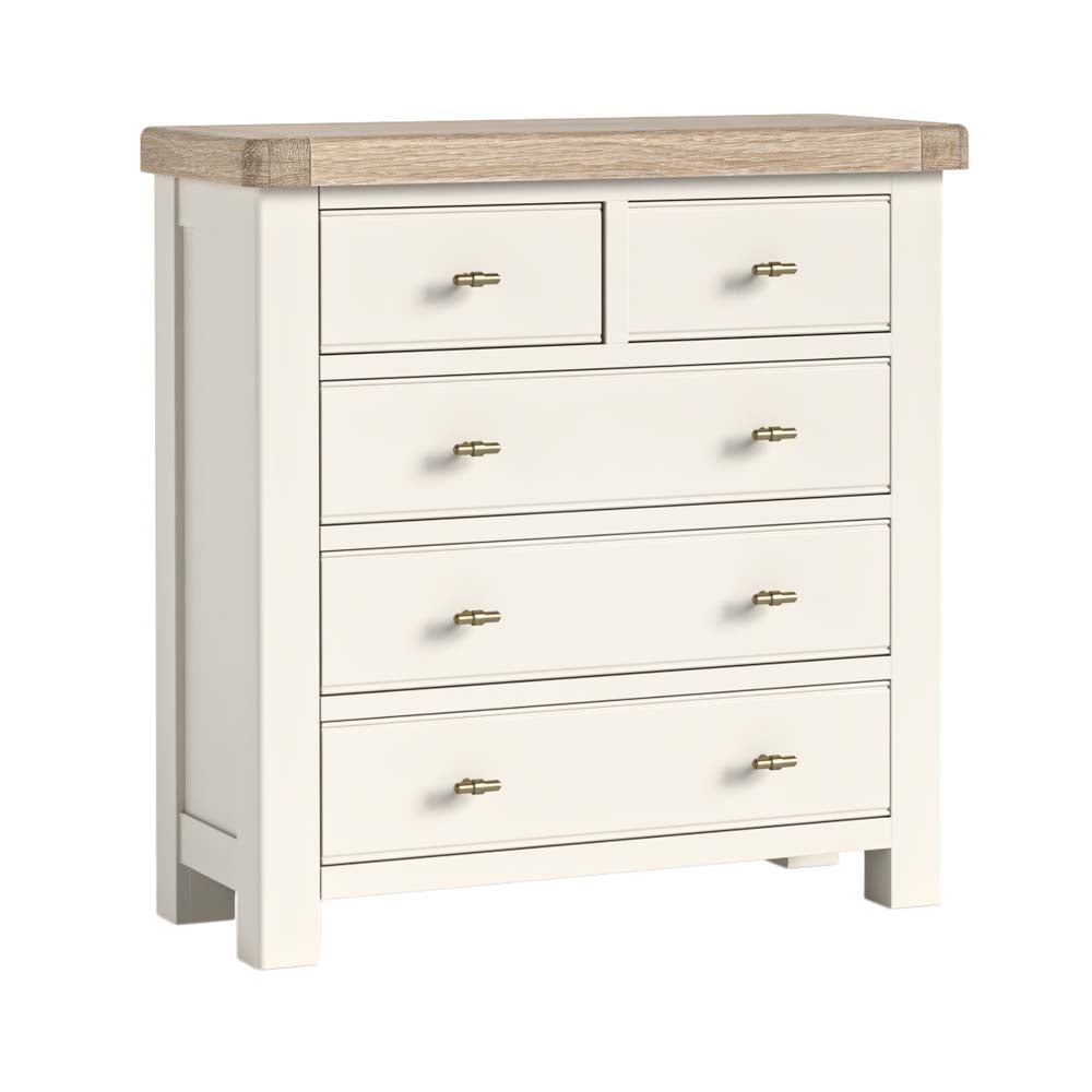 White dresser, 2 over 3 configuration, with wooden top on a white background