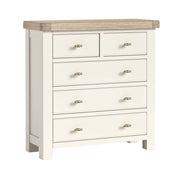 White dresser, 2 over 3 configuration, with wooden top on a white background