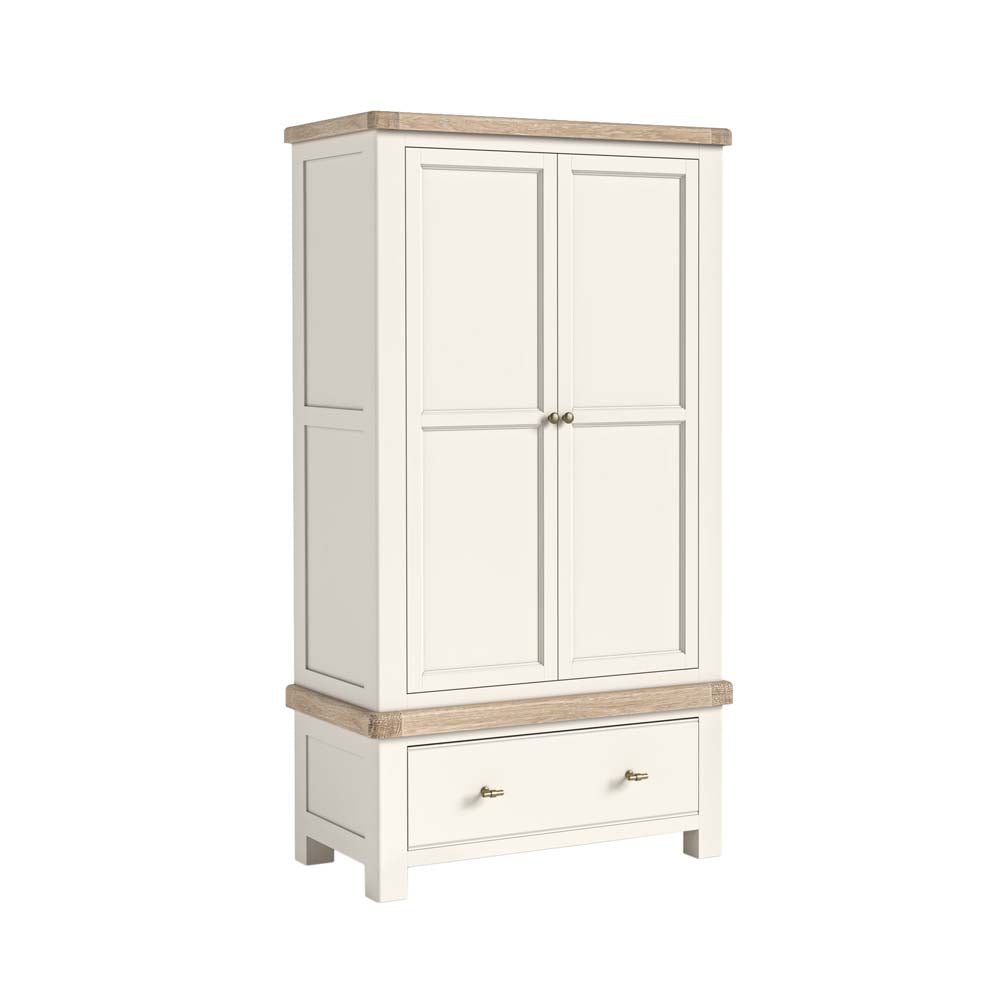 White wardrobe with wooden top and drawer on a white background