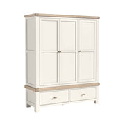 White triple wardrobe with wooden top and bottom on a white background