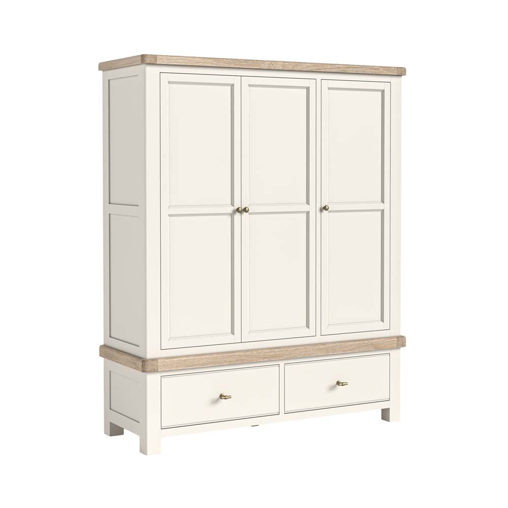 White triple wardrobe with wooden top and bottom on a white background