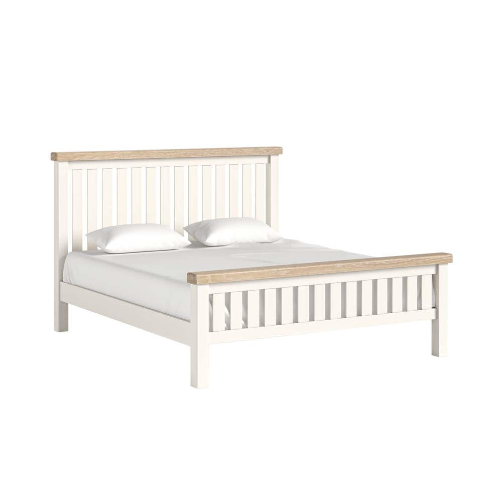 White bed frame with wooden accents on a white background