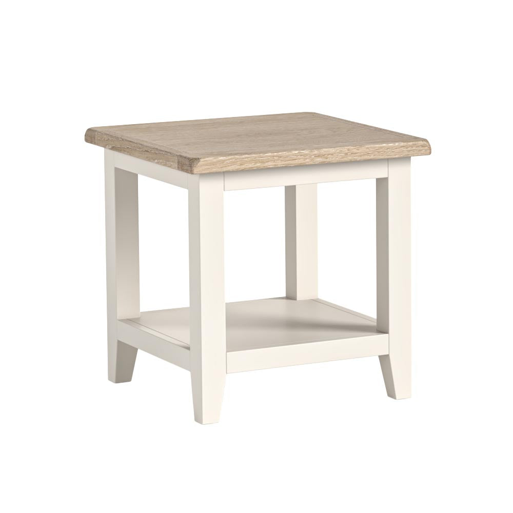 Square lamp table in coconut white with white washed top and low shelf