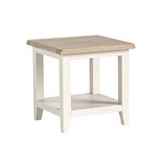 Square lamp table in coconut white with white washed top and low shelf