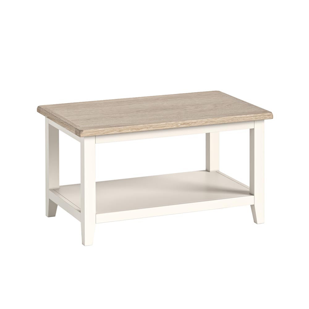 Wooden coffee table with a white base on a white background