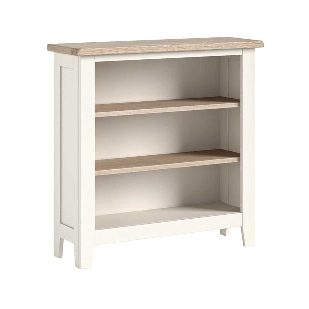 White bookshelf with wooden top on a white background