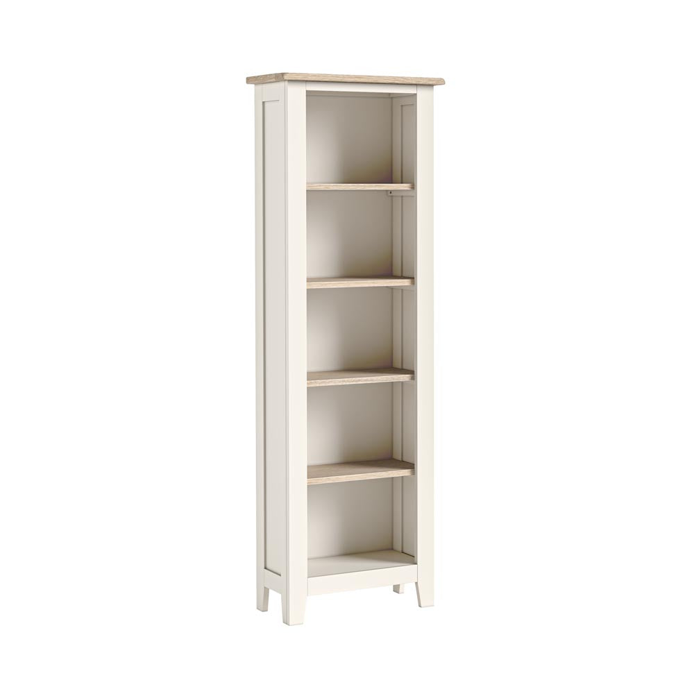 White bookshelf with five shelves on a white background