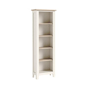 White bookshelf with five shelves on a white background