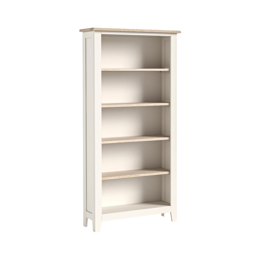 White bookshelf with four shelves on a white background