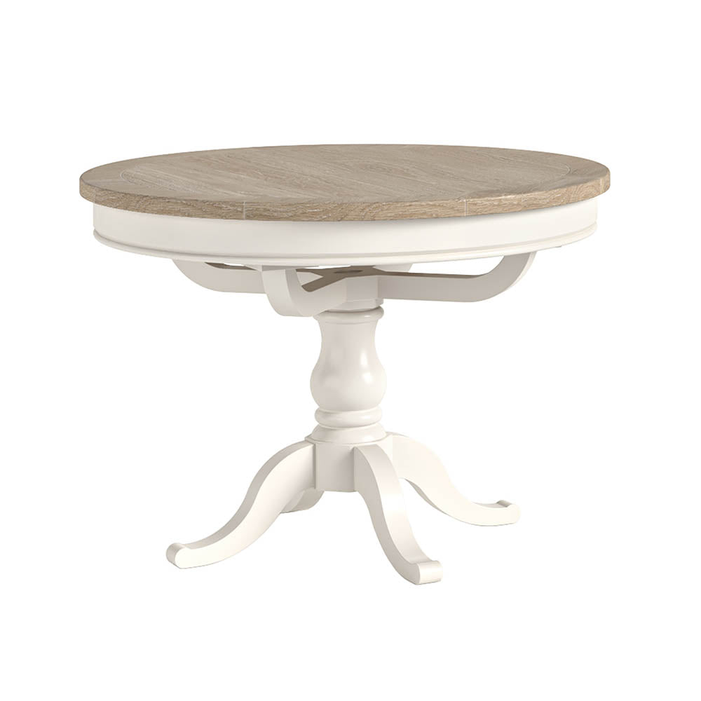 Round dining table with wooden top and white base on a white background