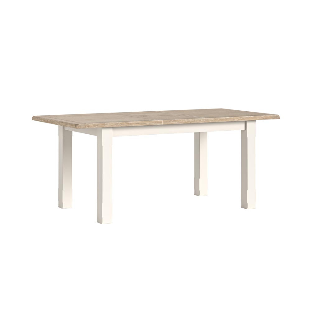 Rectangular table with wooden top and white legs on a white background