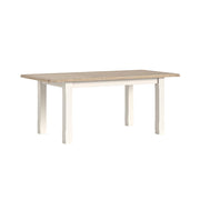 Rectangular table with wooden top and white legs on a white background